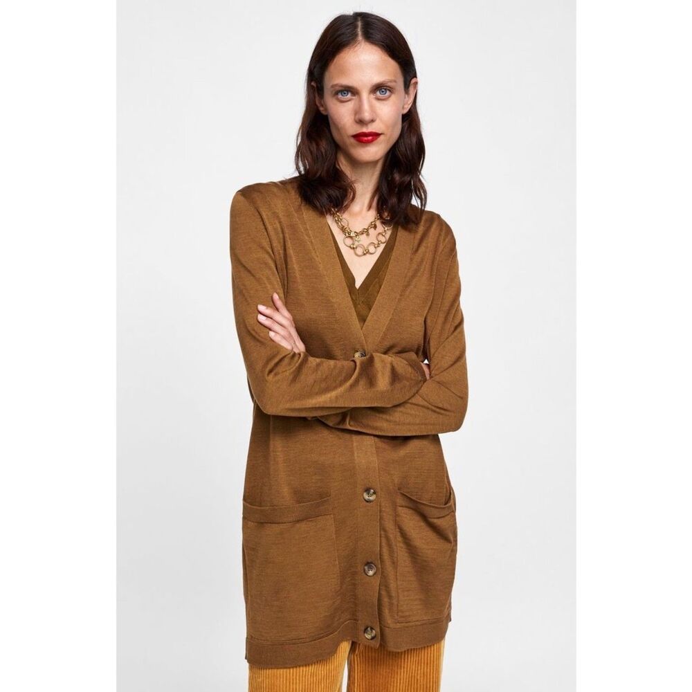 Zara Knit Silk Cotton Blend Long Cardigan Golden Brown